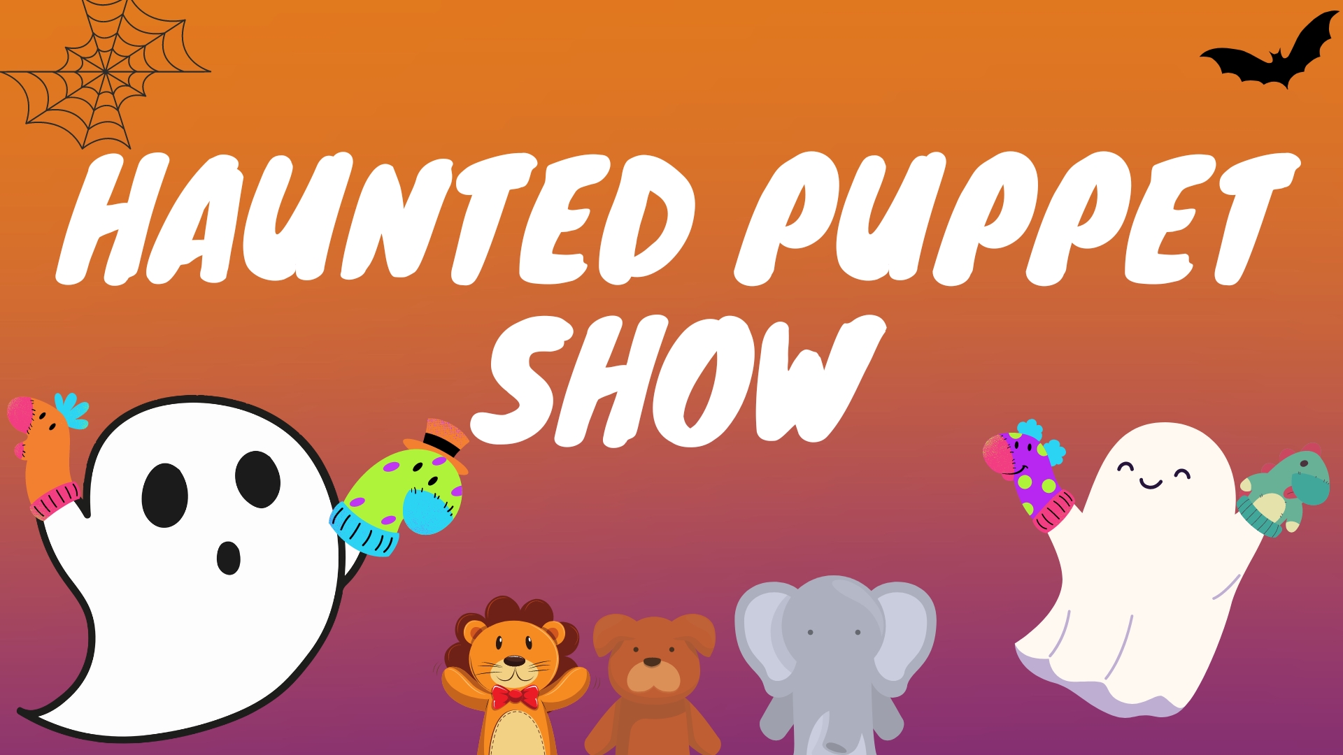 Ghosts wearing sock puppets on their hands while small animals watch.