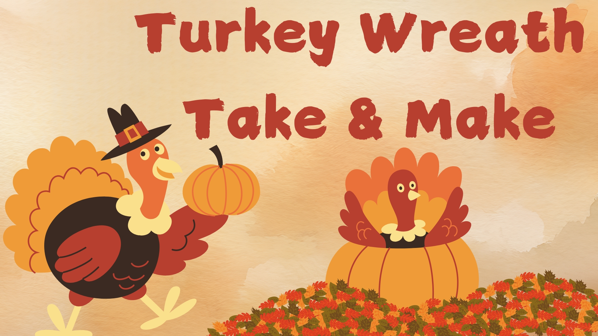 A turkey carrying a pumpkin. Another turkey is sitting on a pumpkin with its feathers spread out
